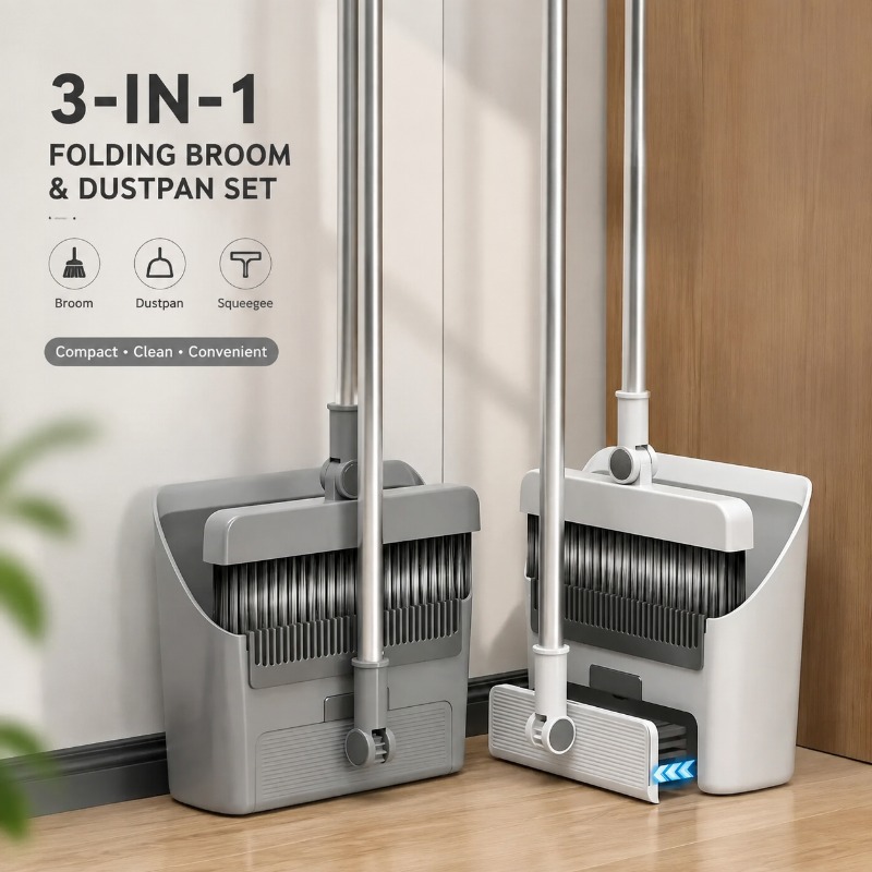 Squeegee Holder Screen - ชุดไม้กวาดและที่ตักขยะแบบพับได้ 3-in-1 พร้อมแปรงขัดพื้น ที่ปาดน้ำ และหวีสำหรับทำความสะอาดบ้าน ห้องครัว