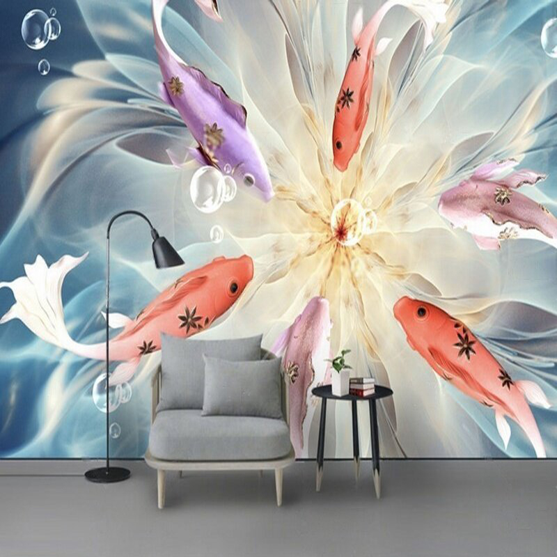 Commercial Wallpaper Printing - ภาพตกแต่งผนังลายปลาและนกยูงแบบนูน ทันสมัยและหรูหรา เหมาะสำหรับตกแต่งบ้าน ห้องนอน และพื้นที่เชิงพาณิชย์