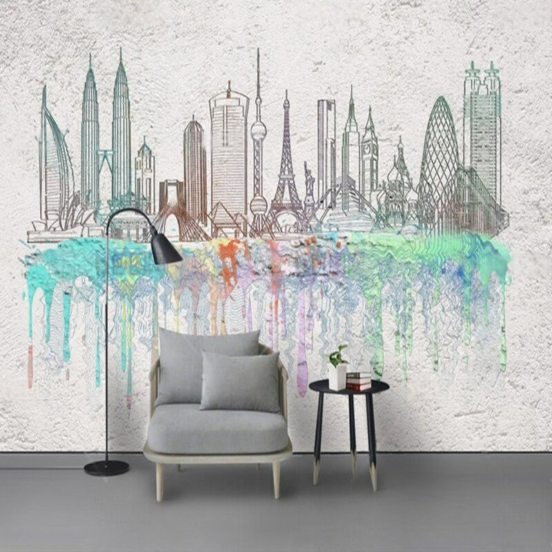 Commercial Wallpaper Printing - ภาพวาดสีน้ำทันสมัย ภาพเงาเมือง ลายหมึกซึม ตกแต่งผนังเชิงพาณิชย์ ปรับแต่งได้ ผนังพื้นหลังห้องนอนบ้านหรู